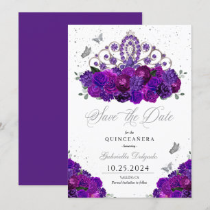 Invitation Purple & Silver Tiara Enregistrer La Date Quinceañ