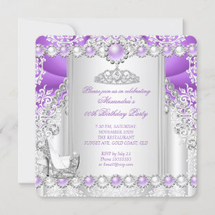 Invitation Purple Silver Tiara High Heel Pearl Anniversaire