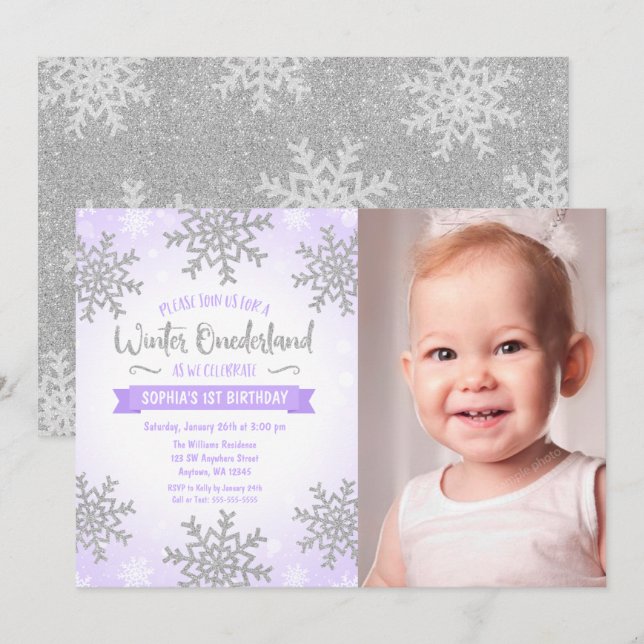 Invitation Purple Silver Winter ONEderland 1er anniversaire P (Devant / Derrière)