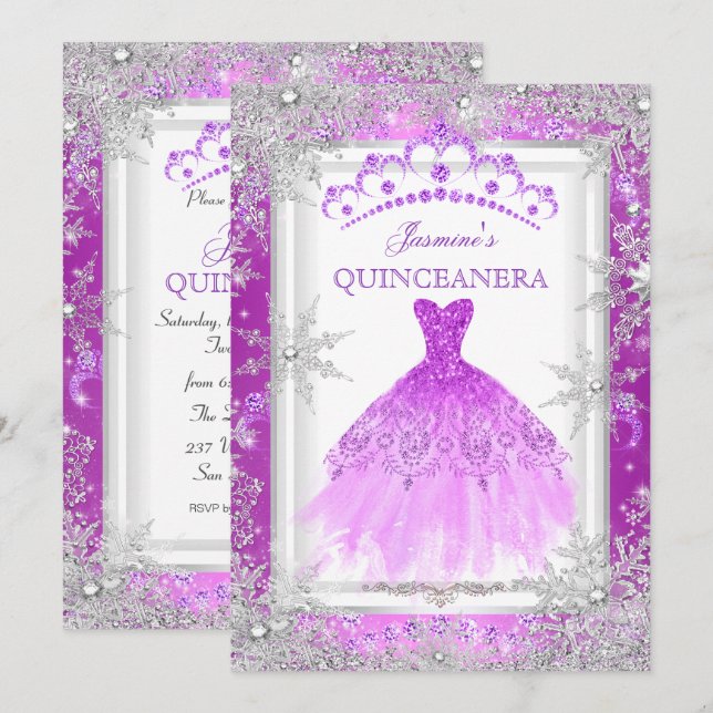 Invitation Purple Silver Winter Wonderland Quinceanera Party (Devant / Derrière)