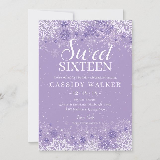 Invitation Purple Snowflake hiver Wonderland Sweet sixteen (Devant)