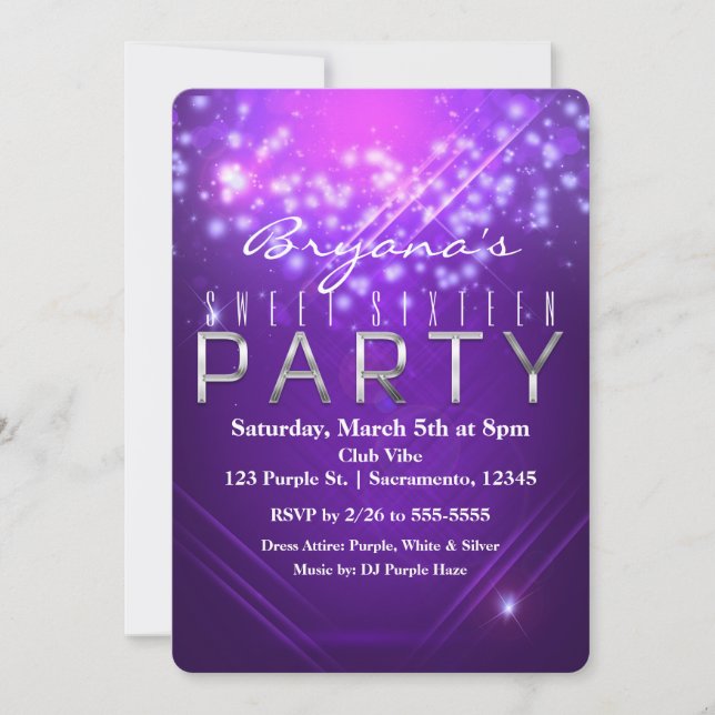 Invitation Purple Sparkle Club Vibe Anniversaire FÊTE Invitat (Devant)