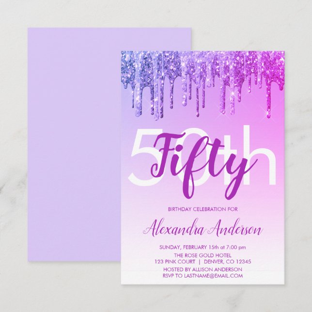 Invitation Purple Sparkle Parties scintillant 50e fête d'anni (Devant / Derrière)