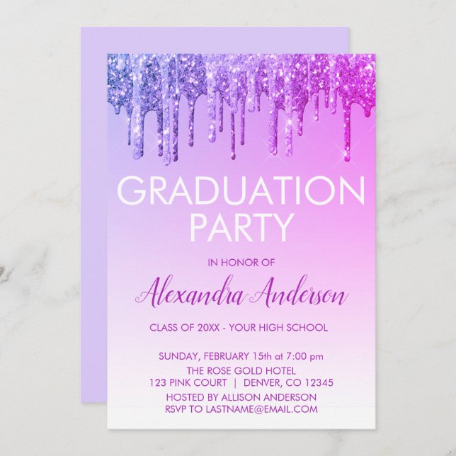 Invitation Purple Sparkle Parties scintillant Graduation Part (Devant / Derrière)