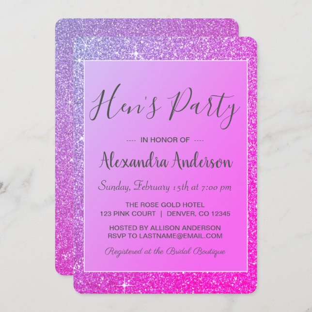 Invitation Purple Sparkle Parties scintillant Hen's Party (Devant / Derrière)