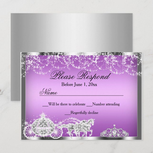 Invitation Purple Sparkle Princess Thème RSVP Réponse (Devant / Derrière)
