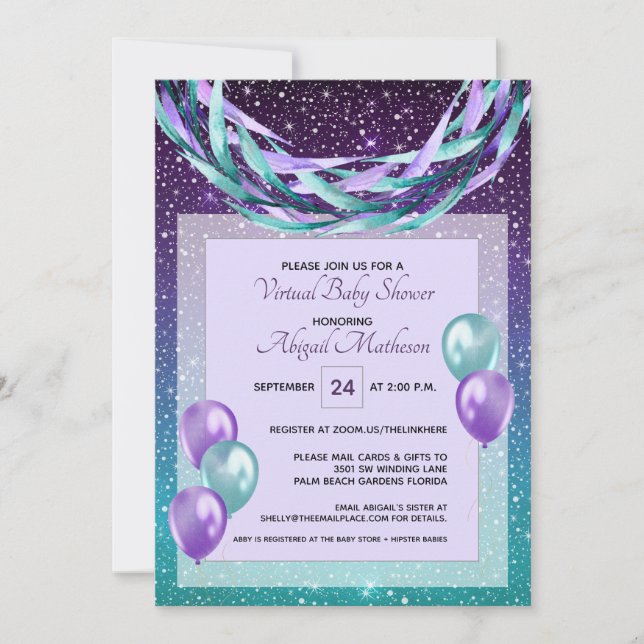 Invitation Purple Starry Night Baby shower virtuel par courri (Devant)