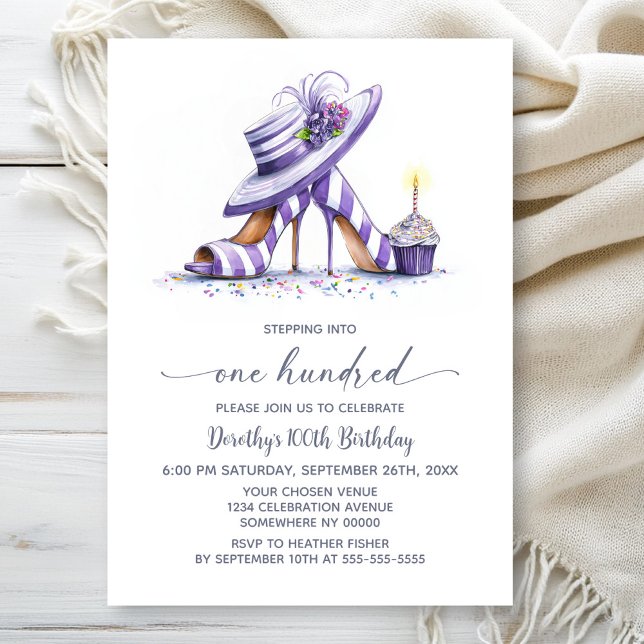 Invitation Purple Striped High Heel Shoes 100th Birthday (Créateur téléchargé)