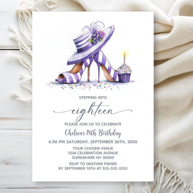 Invitation Purple Striped High Heel Shoes 18th Birthday Party (Créateur téléchargé)