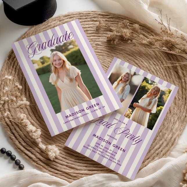 Invitation Purple Striped Preppy Graduation (Créateur téléchargé)