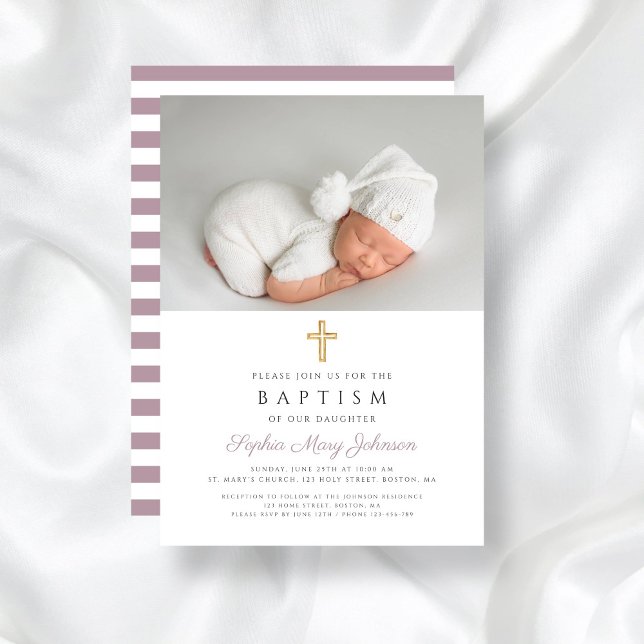 Invitation Purple Stripes Croix Religieuse Photo Baptême (Purple Stripes Religious Cross Photo Baptism Invitation)