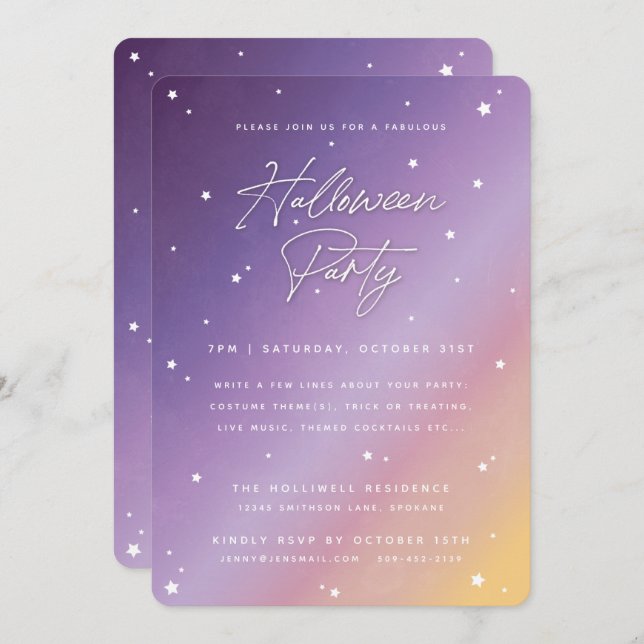 Invitation Purple Sunset Script et Étoiles Halloween Party (Devant / Derrière)