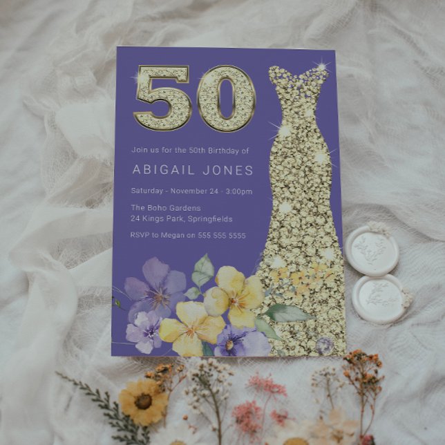 Invitation Purple & Sunshine Gold Gown 50e fête d'anniversair (Créateur téléchargé)
