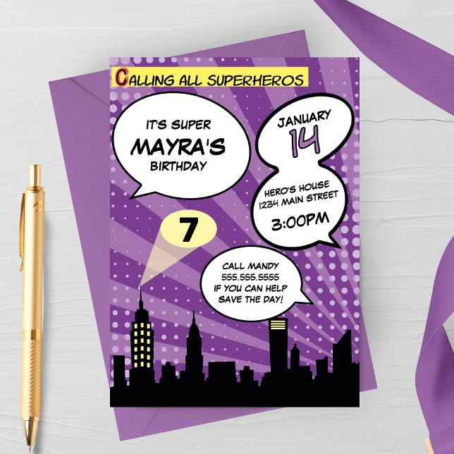 Invitation Purple Superheros Comédie Livre Styled Anniversair (Créateur téléchargé)