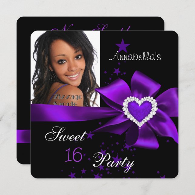 Invitation Purple Sweet 16 Anniversaire Fête Coeur Photo (Devant / Derrière)