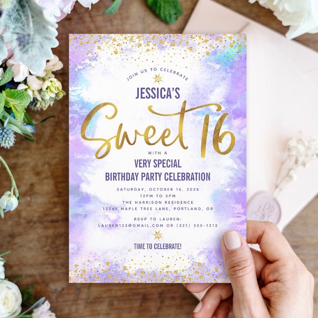 Invitation Purple Sweet 16 Aquarelle Or Anniversaire Gras Gla (Créateur téléchargé)