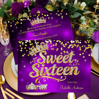 Invitation Purple Sweet 16 Birthday Diamond Tiara Carriage