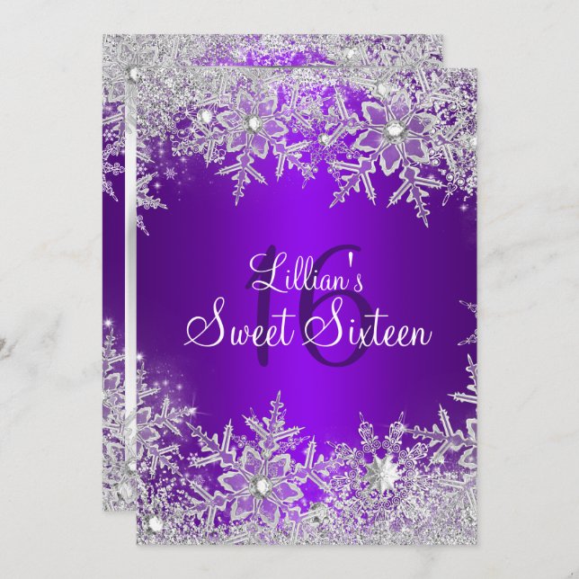 Invitation Purple Sweet 16 Snowflake Winter Wonderland (Devant / Derrière)