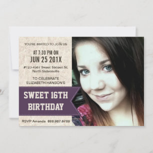 Invitation Purple Sweet 16e anniversaire avec une grande phot