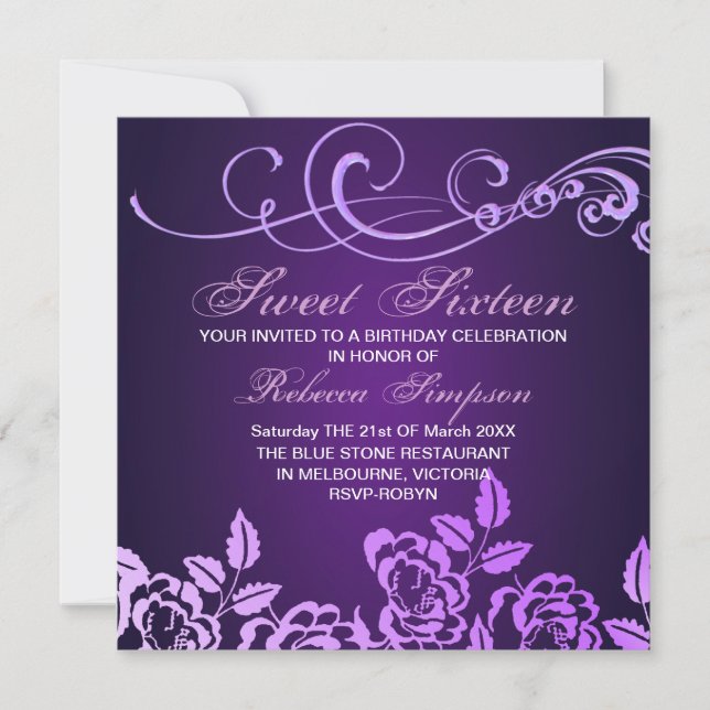 Invitation Purple Swirl & Rose Sweet 16 Anniversaire Invitati (Devant)