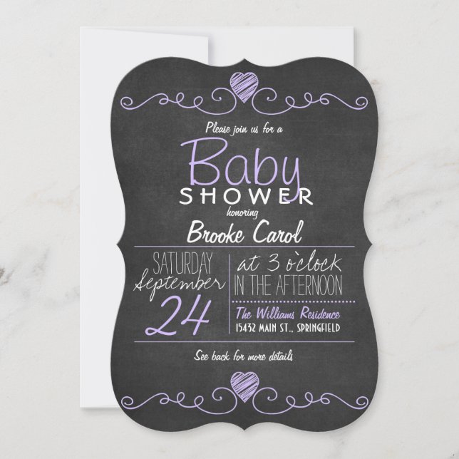 Invitation Purple, tableau rouge rustique blanc, Baby shower  (Devant)