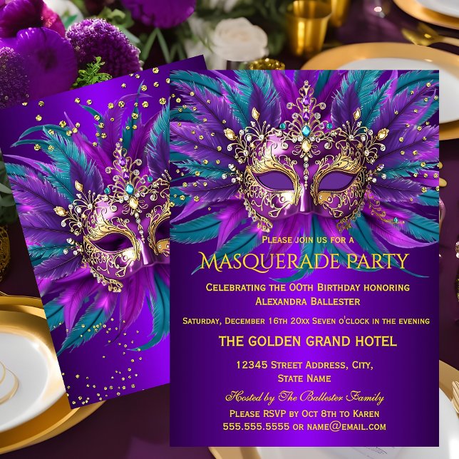 Invitation Purple Teal Blue Masks Masquerade Birthday Party (Créateur téléchargé)