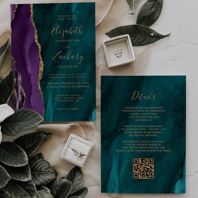 Invitation Purple Teal Gold Agate QR Code Wedding (Créateur téléchargé)