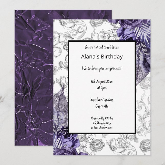 INVITATION PURPLE THÈME DE PRINTEMPS FLORAL FOIL MÉTALLIQUE A (Devant / Derrière)
