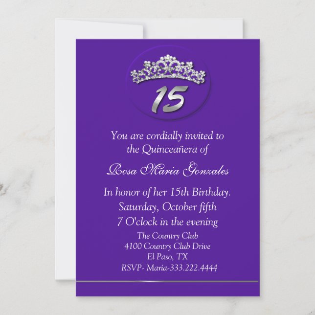 Invitation Purple Tiara Quinceañera (Devant)