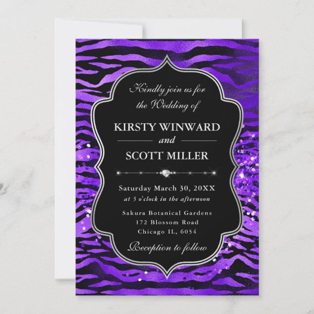 Invitation Purple Tiger Stripes Glitter Glam Wedding (Devant)