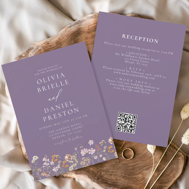 Invitation Purple tout en un Fleur sauvage Mariage de code QR (Créateur téléchargé)