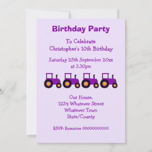 Invitation Purple Tractor Design Fête d'anniversaire du garço