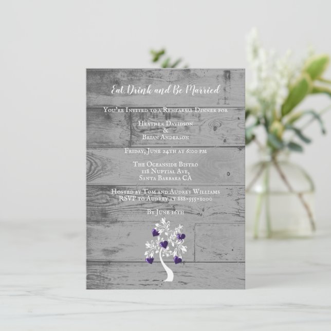 Invitation Purple Tree of Hearts Dîner de répétition Mariage (Debout devant)