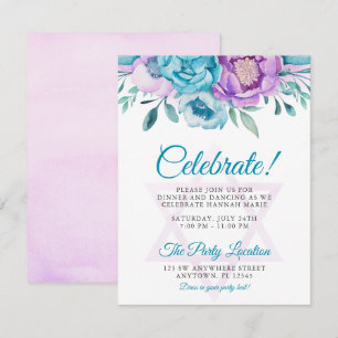 Invitation Purple Turquoise Aquarelle Florale Bat mitzvah Par