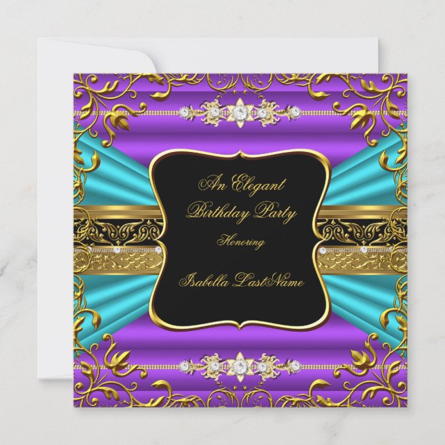 Invitation Purple Turquoise Bleu Damas Noir Gold fête d'anniv (Devant)