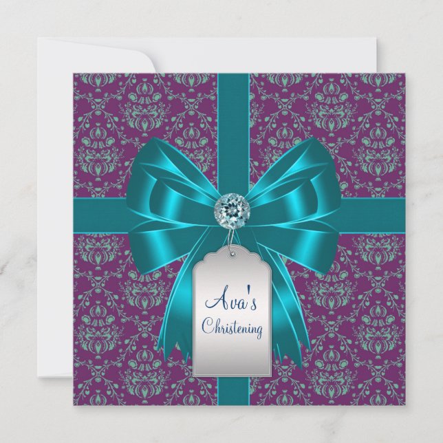Invitation Purple Turquoise bleu Damask Baby Baptême Christen (Devant)