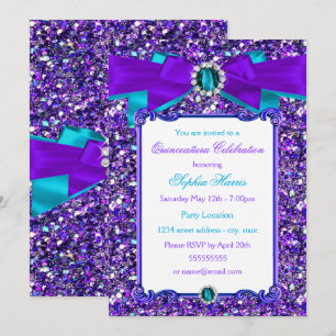 Invitation Purple Turquoise Bleu Paillettes Joyau Nœud Quince