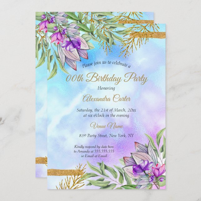 Invitation Purple Turquoise Blue Gold Floral fête d'anniversa (Devant / Derrière)
