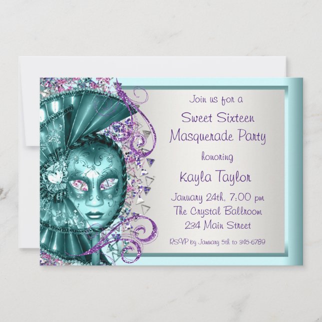 Invitation Purple Turquoise Blue Sweet sixteen Masquerade (Devant)