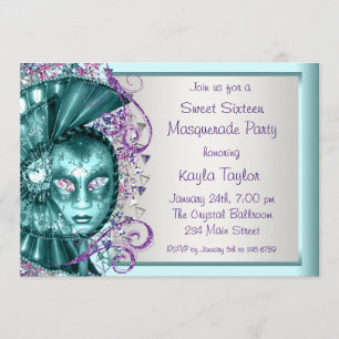 Invitation Purple Turquoise Blue Sweet sixteen Masquerade
