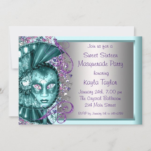 Invitation Purple Turquoise Blue Sweet sixteen Masquerade (Devant)
