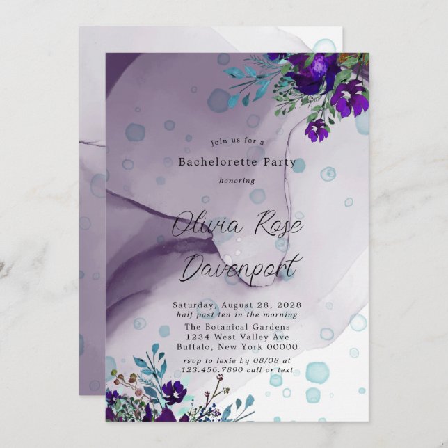 Invitation Purple Turquoise Botanique Floral Bachelorette Par (Devant / Derrière)