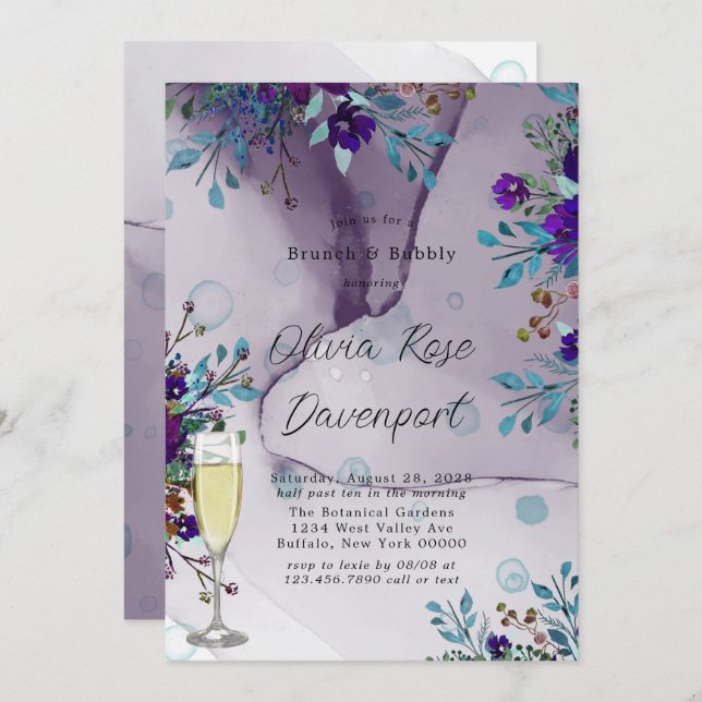 Invitation Purple Turquoise Botanique Floral Brunch & Bubbly (Devant / Derrière)