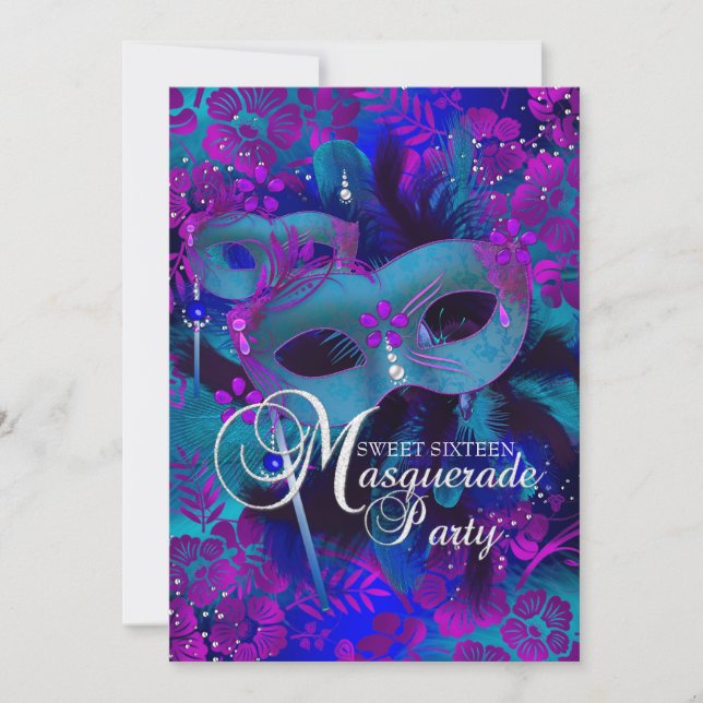 Invitation Purple & Turquoise Floral Masquerade Sweet 16 Invi (Devant)