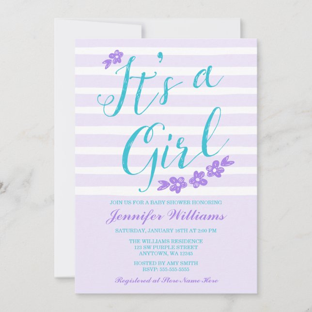 Invitation Purple Turquoise Flower Stripes Bébé Douche Invita (Devant)