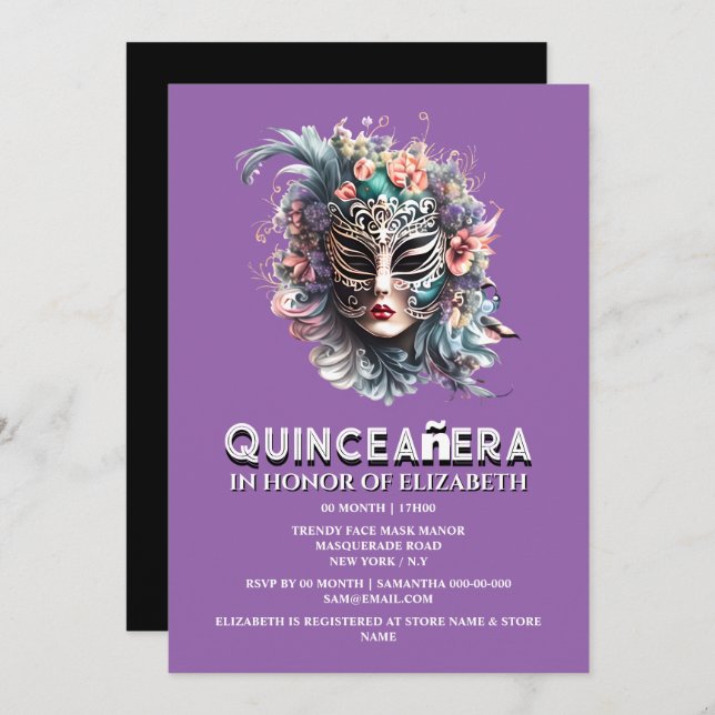 Invitation Purple turquoise masquerade thème quinceanera anni (Devant / Derrière)