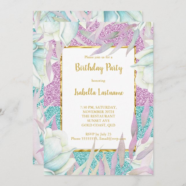 Invitation Purple Turquoise Parties scintillant Floral Gold f (Devant / Derrière)