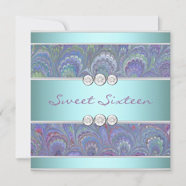 Invitation Purple Turquoise Peacock Paisley Sweet 16 Party (Devant)