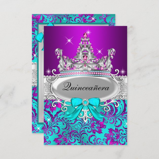 Invitation Purple Turquoise Shimmer Tiara Quinceanera Invitat (Devant / Derrière)