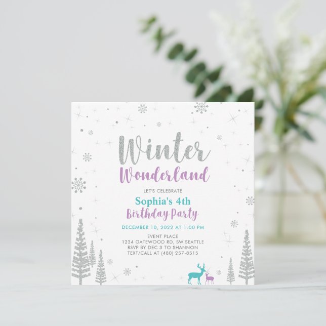 Invitation Purple & Turquoise Winter Wonderland Girl Annivers (Debout devant)